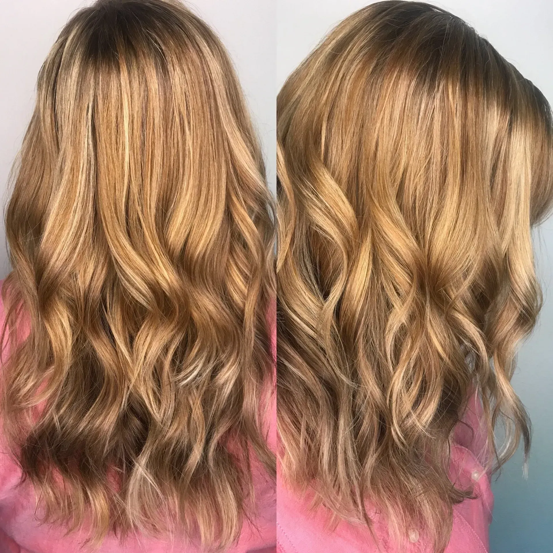 Two views of long wavy blonde hair with dark roots, styled in loose curls against a pink top.