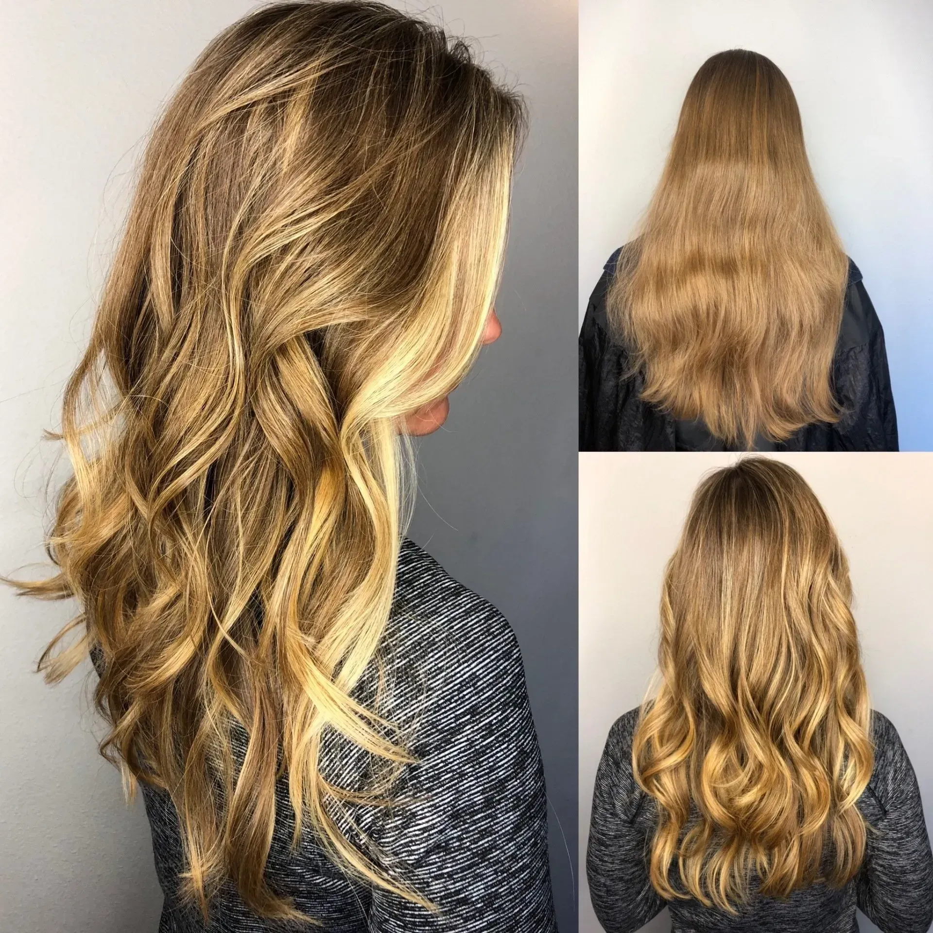 Blonde wavy hair styled in three views: side, back, and back close-up.