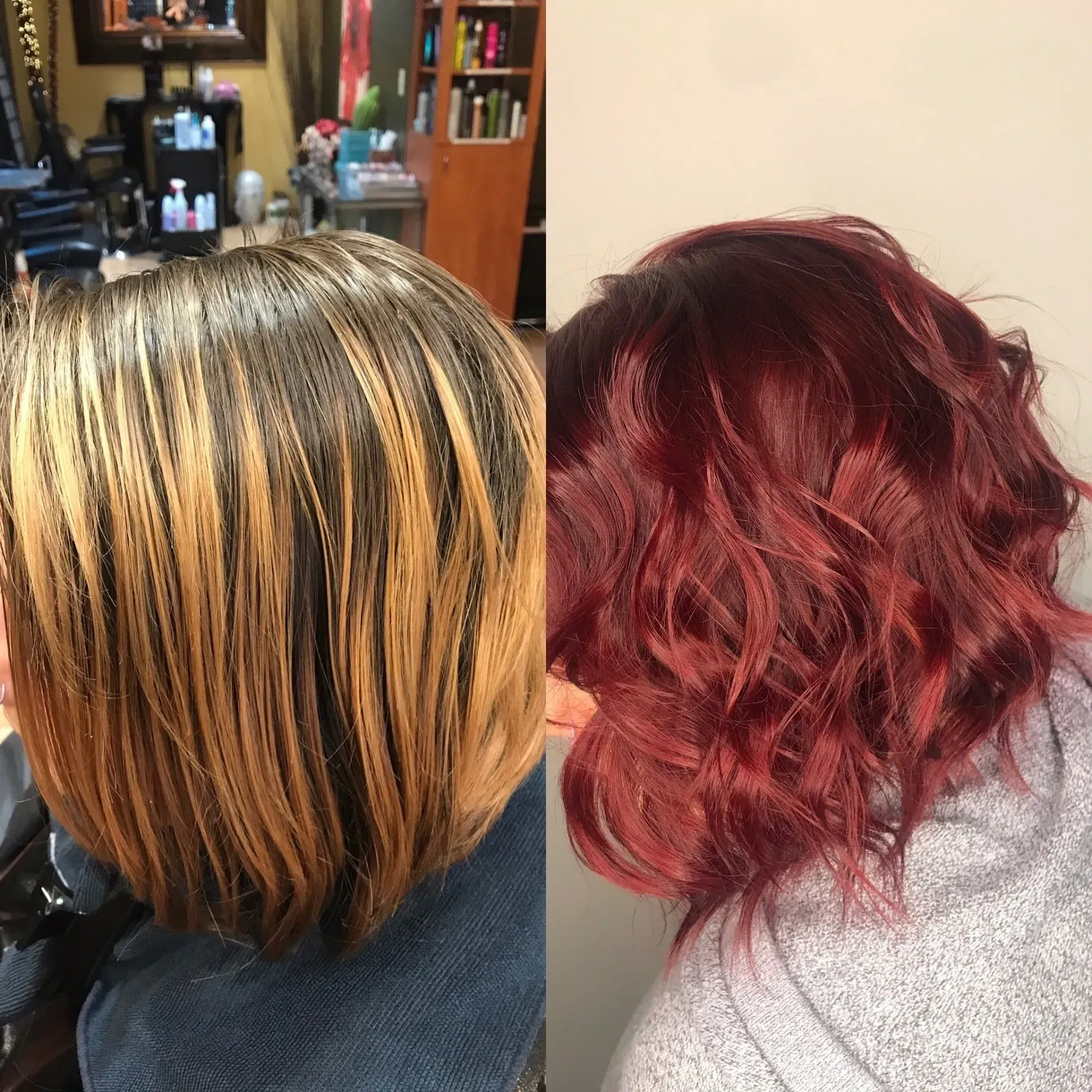 Two women in a salon with short layered hairstyles, one blonde and one burgundy red, viewed from behind
