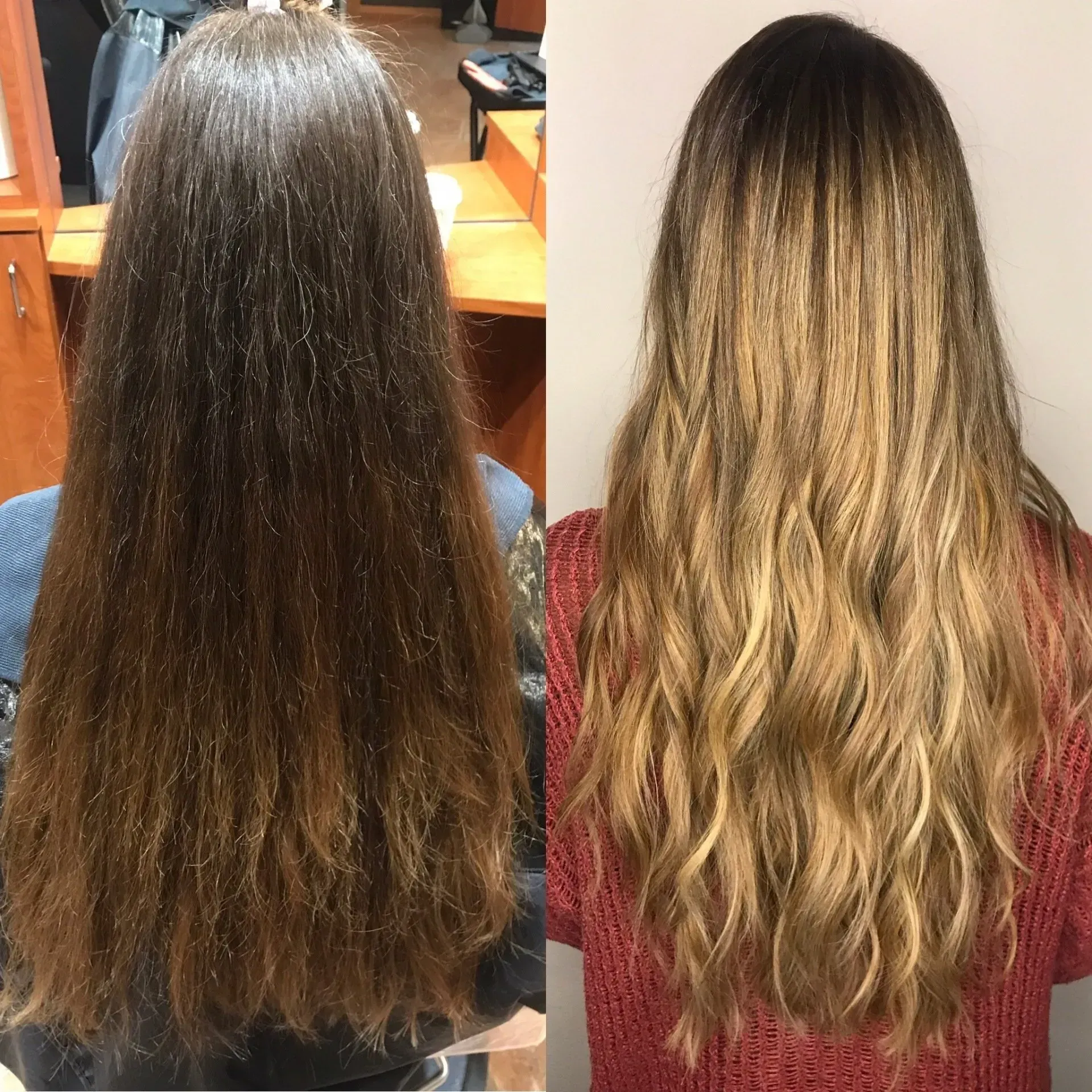 Hair color transformation: dark brown straight hair before, blonde wavy hair after.