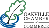 Oakville Chamber of Commerce logo with green oak leaf and blue circular swoosh