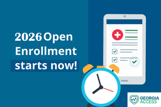 2026 Open Enrollment announcement. Phone with check marks. Alarm clock. Georgia Access logo. Blue background.