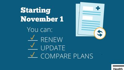 Starting November 1: Renew, update, and compare health plans. Blue background, document icon.