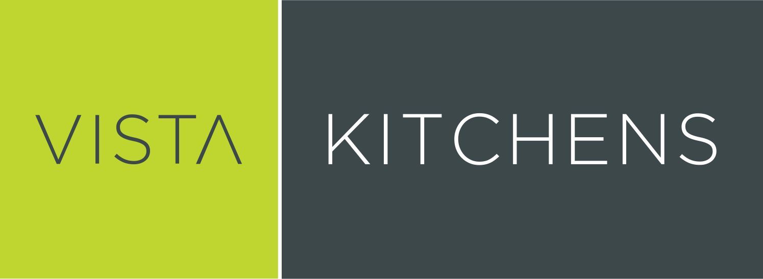 The Vista Kitchens logo. Vista Kitchens manufactures custom kitchens in Newcastle NSW. The logo for Vista Kitchens is green and dark gray with white text.
