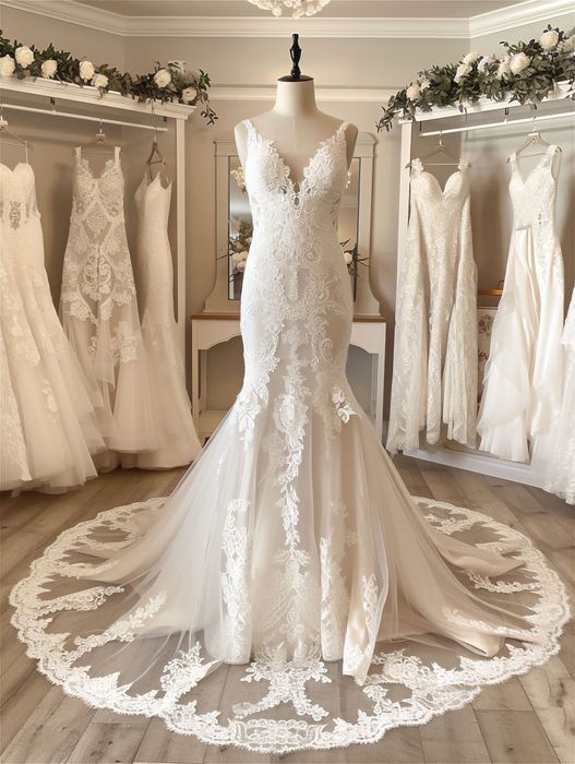 In einem Brautmodengeschäft hängt ein Brautkleid an einer Schaufensterpuppe.