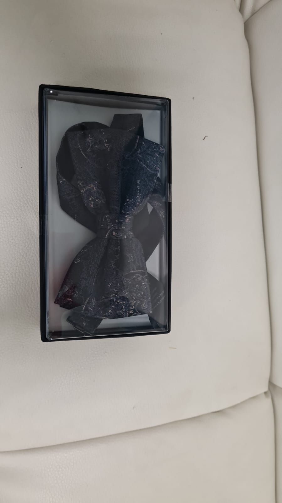 Eine schwarze Fliege liegt in einer Schachtel auf einem weißen Sofa.