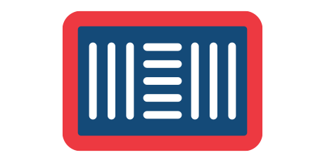 Red-bordered, rectangular graphic with a blue interior, containing vertical white lines and horizontal white bars.