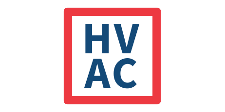 HVAC letters in blue within a white square, inside a red square.