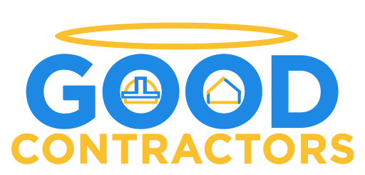 Logo for Good Contractors: blue letters, two Os with construction icons, halo above. Yellow 