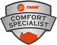 Trane Comfort Specialist badge, silver and orange, with Trane logo and house icon.