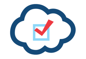 Blue cloud with light blue box and red checkmark.