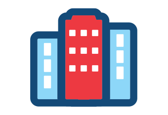 Illustration of three buildings: red center building flanked by two light blue buildings.