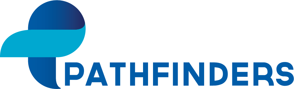 Logo of Pathfinders, a blue abstract design with the word