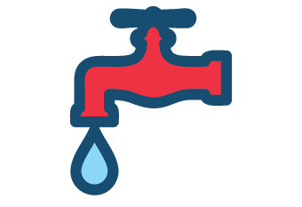 Red faucet dripping blue water.