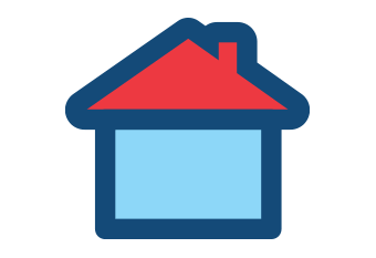 Blue house with a red roof, a chimney, and dark blue outline.