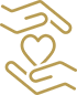 Two hands cradling a heart symbol, gold outline.
