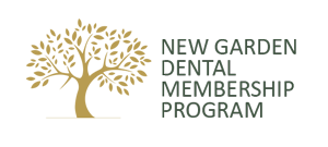 Logo for New Garden Dental Membership Program: gold tree icon and dark green text.