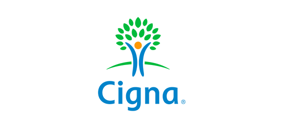 Cigna logo: blue text and a stylized tree with a person inside, green leaves, orange dot, white background.