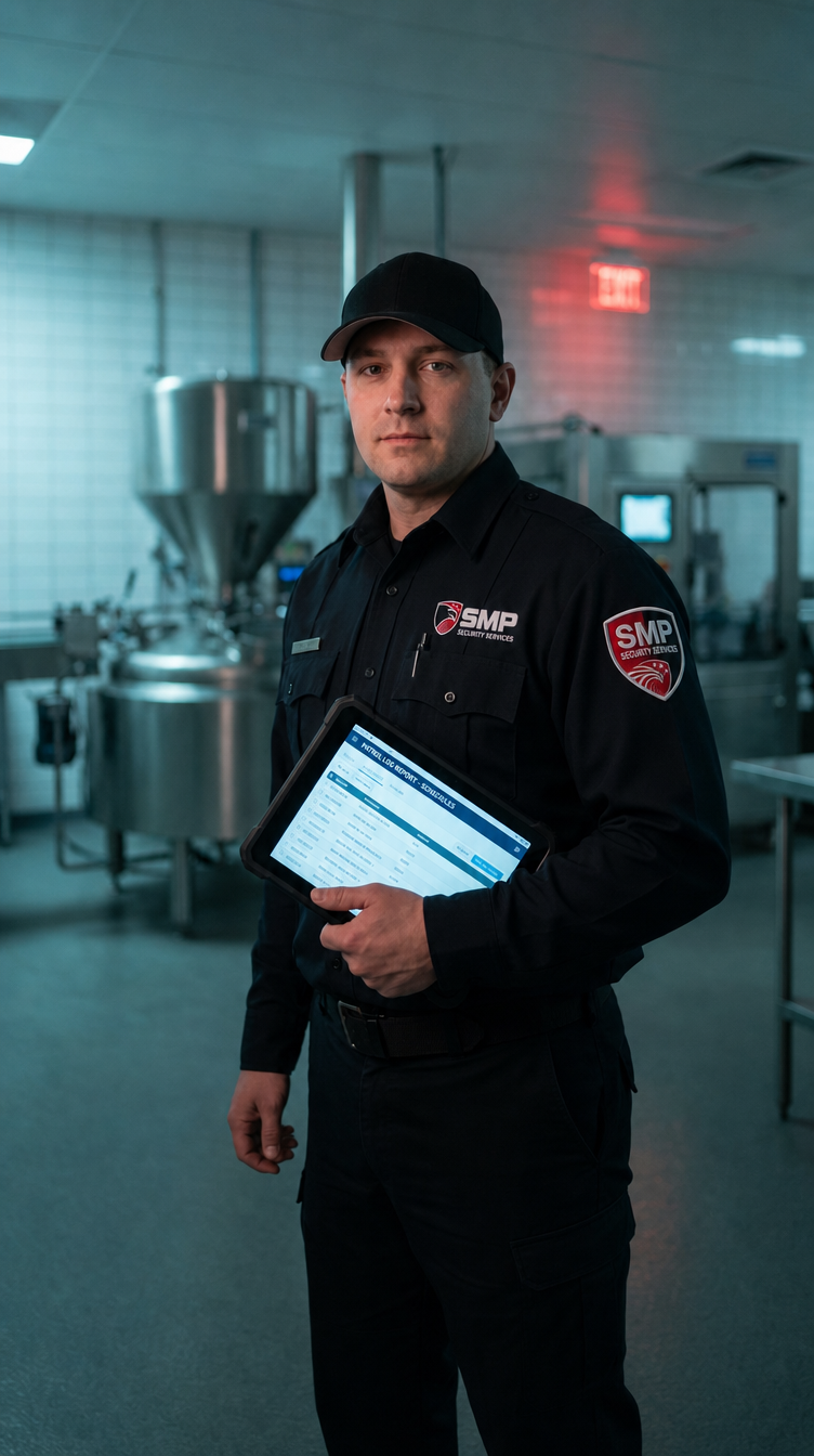 SMP Security officer documenting patrol activity inside a Sioux Falls food production facility