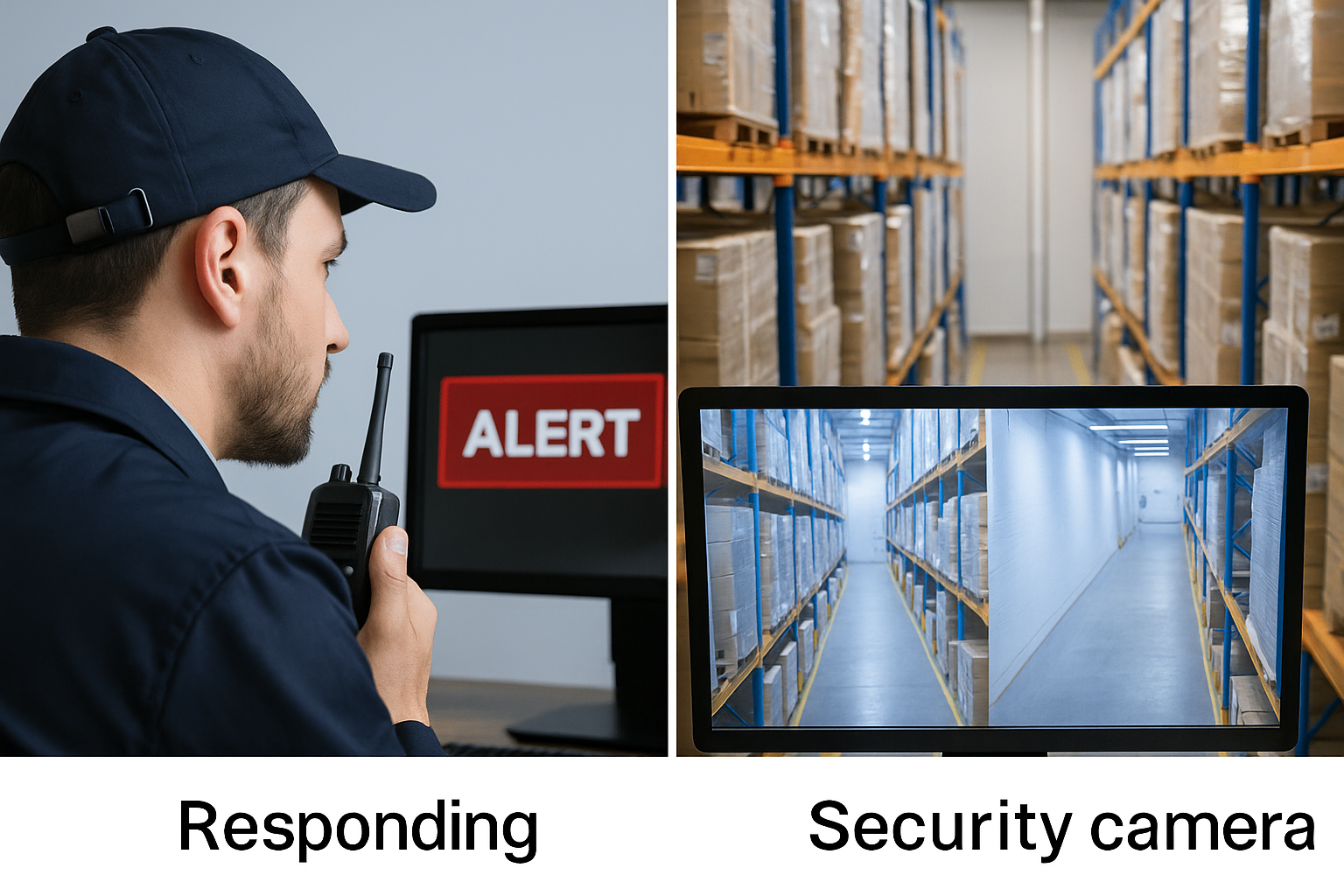 Side-by-side view of a guard responding to an alert and a static security camera feed