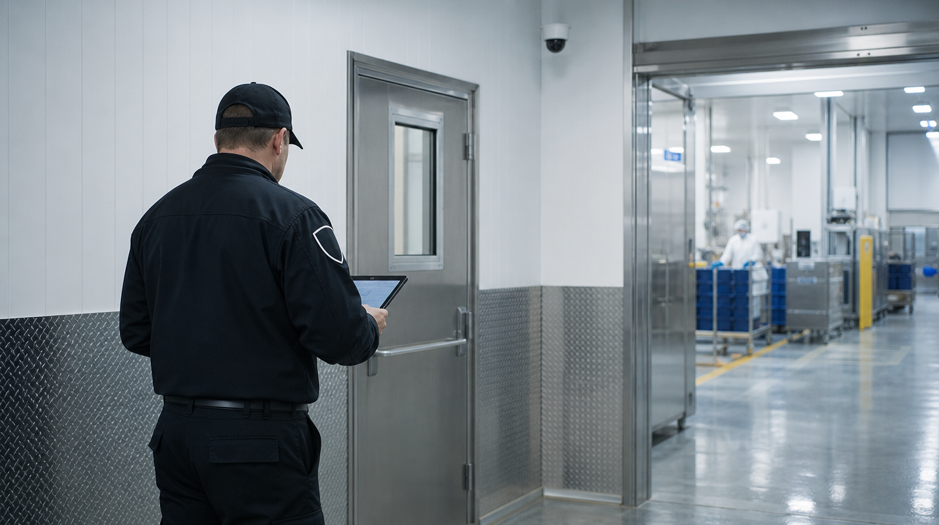 Security officer using a tablet beside a controlled-access entrance at a food production facility