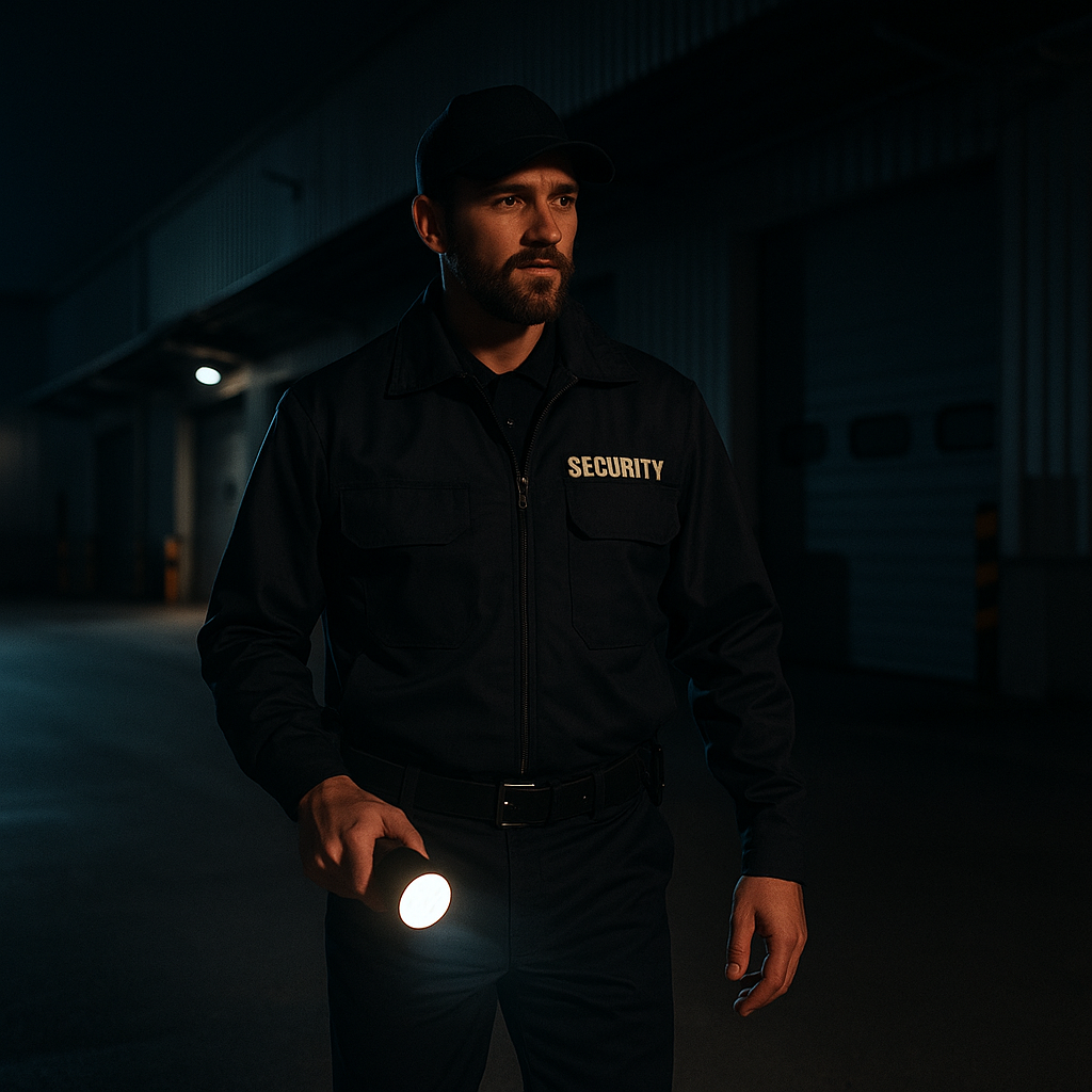 Security guard patrolling a warehouse facility at night with flashlight