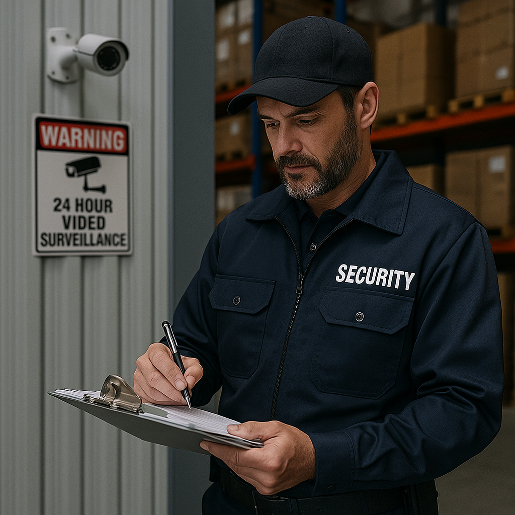Security guard completing an incident report in a warehouse with visible camera presence