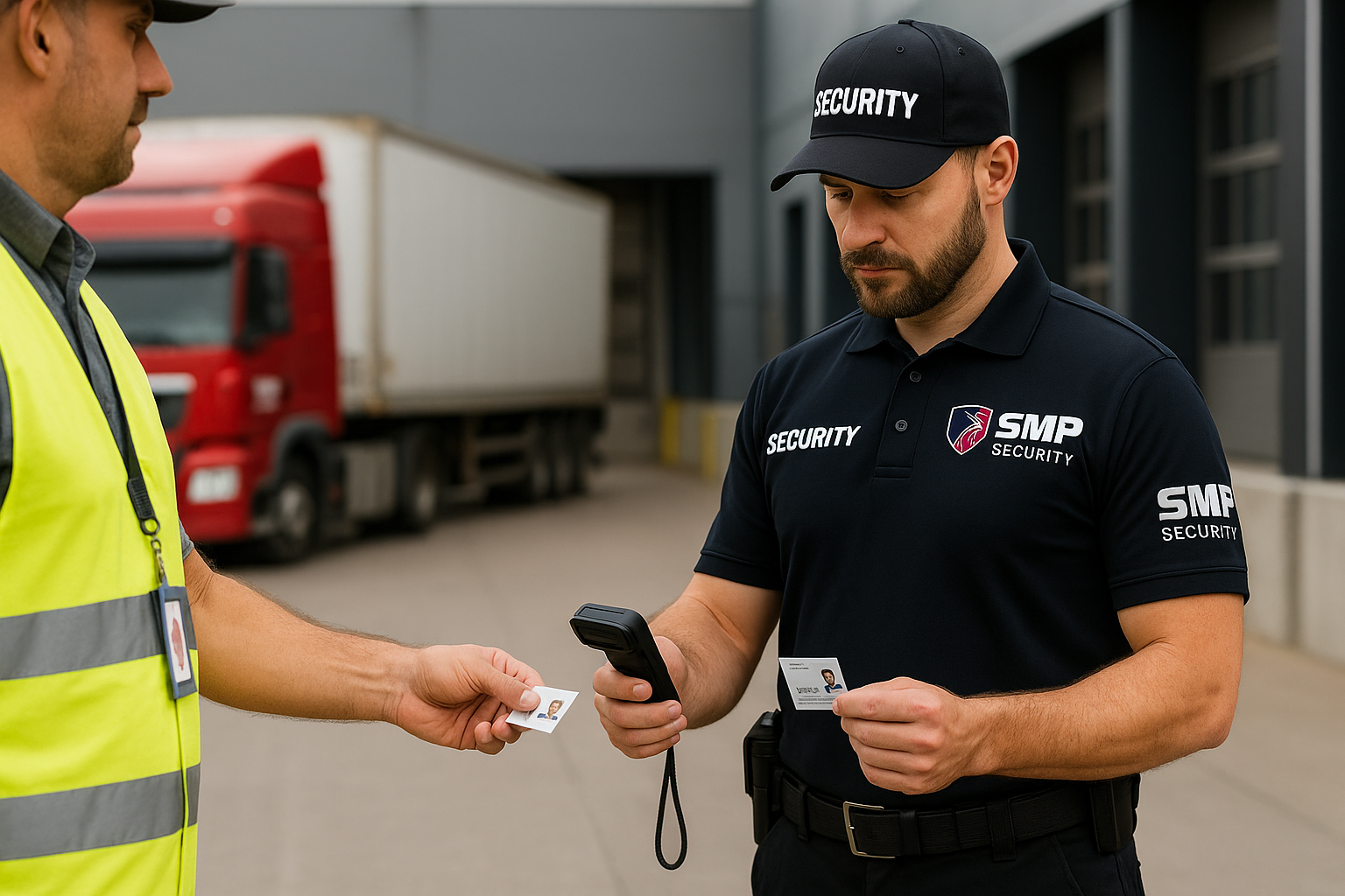 Security guard verifying ID at warehouse loading dock