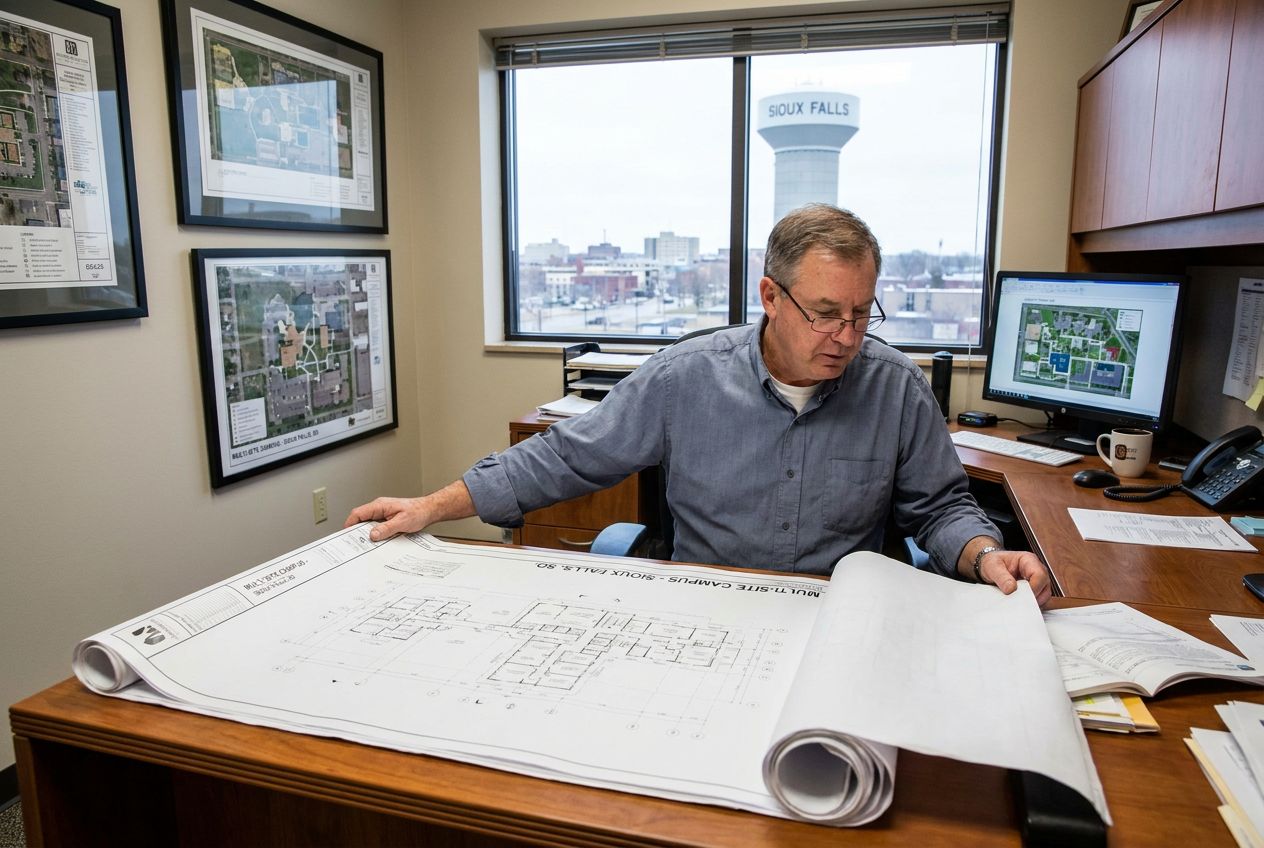 Facility manager reviewing multi-site security plan Sioux Falls SD
