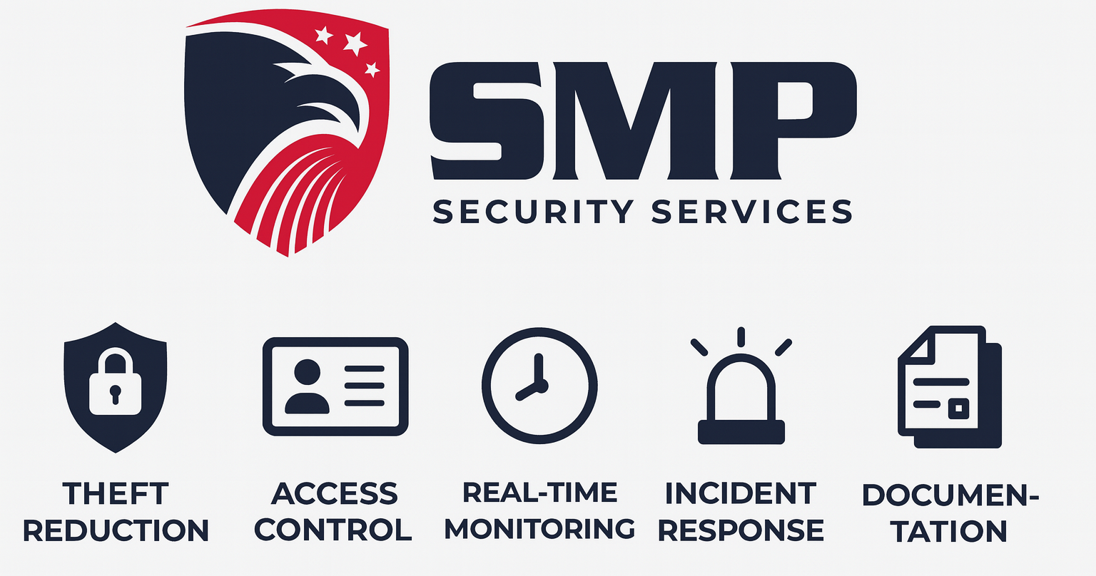 Icons representing theft reduction, real-time monitoring, access control, incident response, and documentation