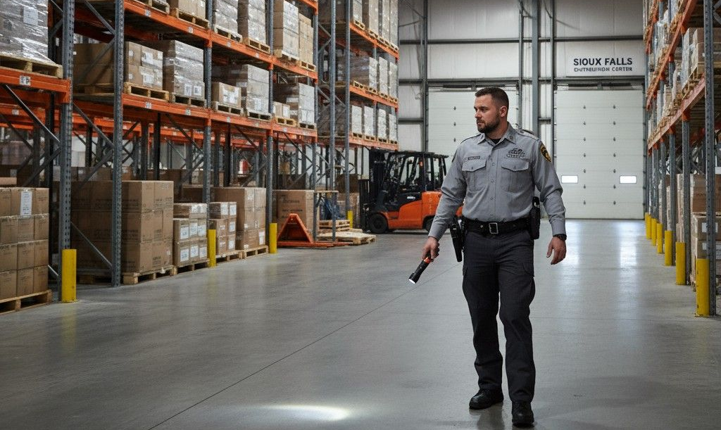 Warehouse security guard on patrol in Sioux Falls
