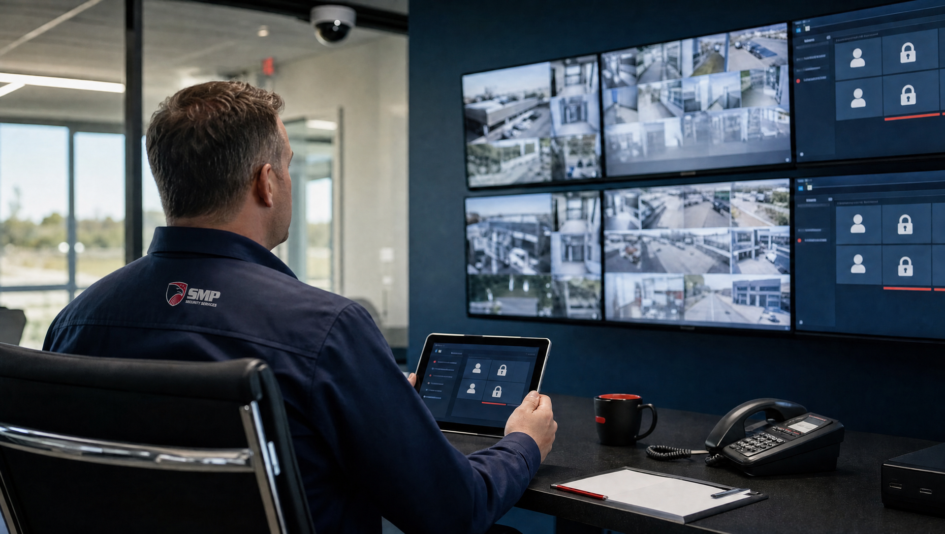 SMP Security guard reviewing security camera access controls at a Sioux Falls commercial facility