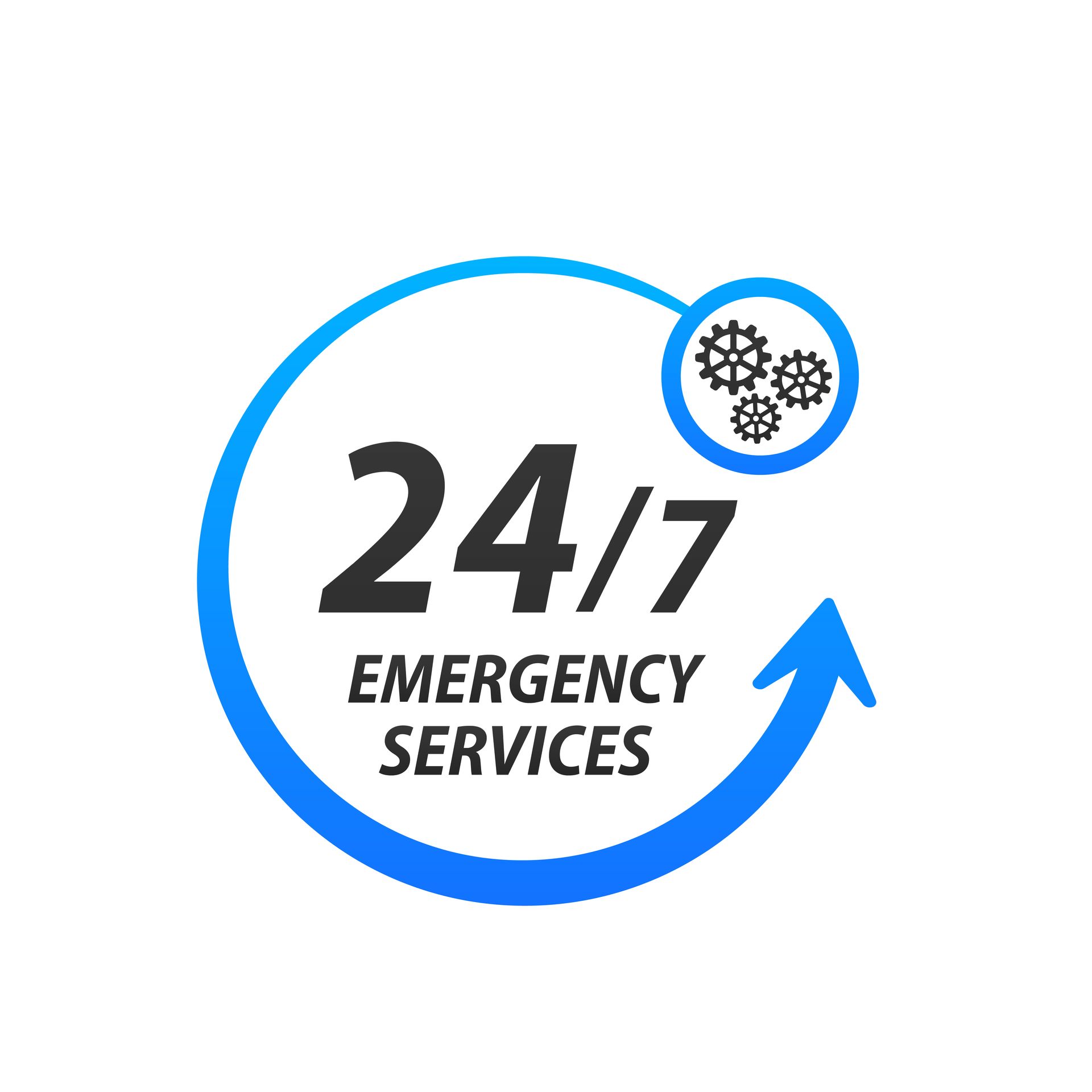 A logo for 24/7 emergency services with gears and an arrow.