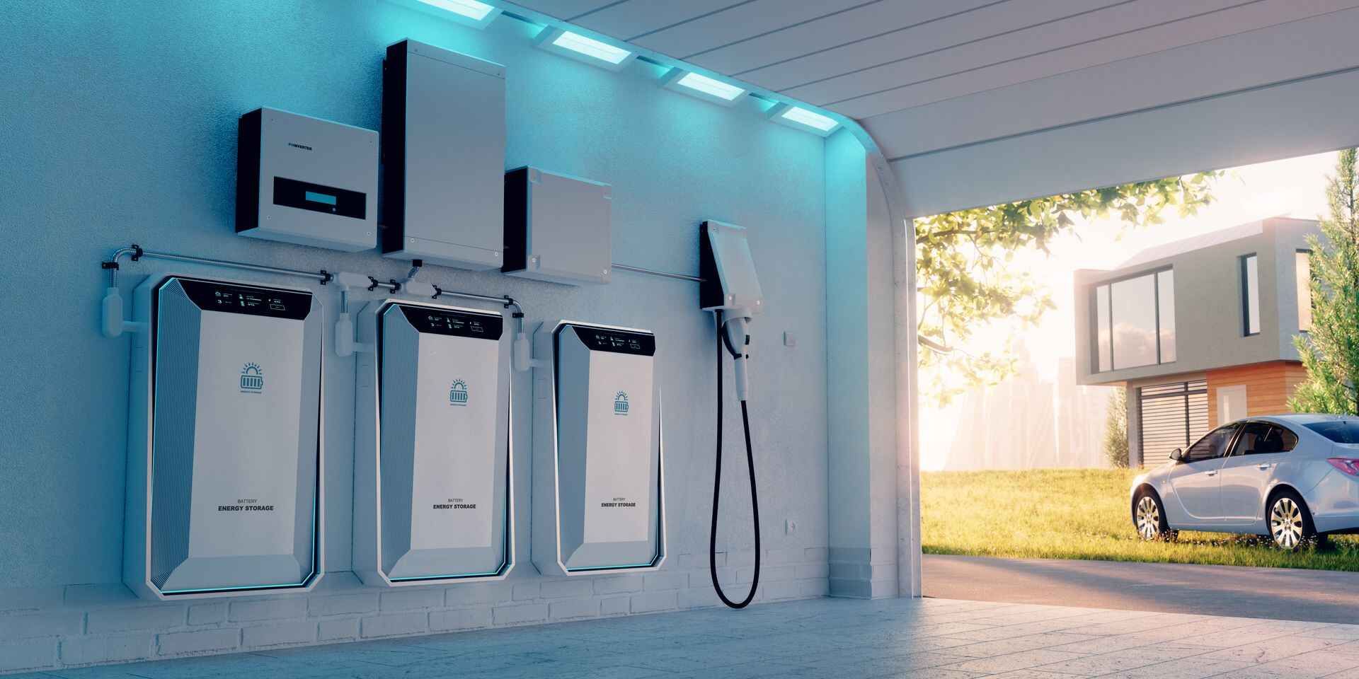 A car is being charged at a charging station in a garage.