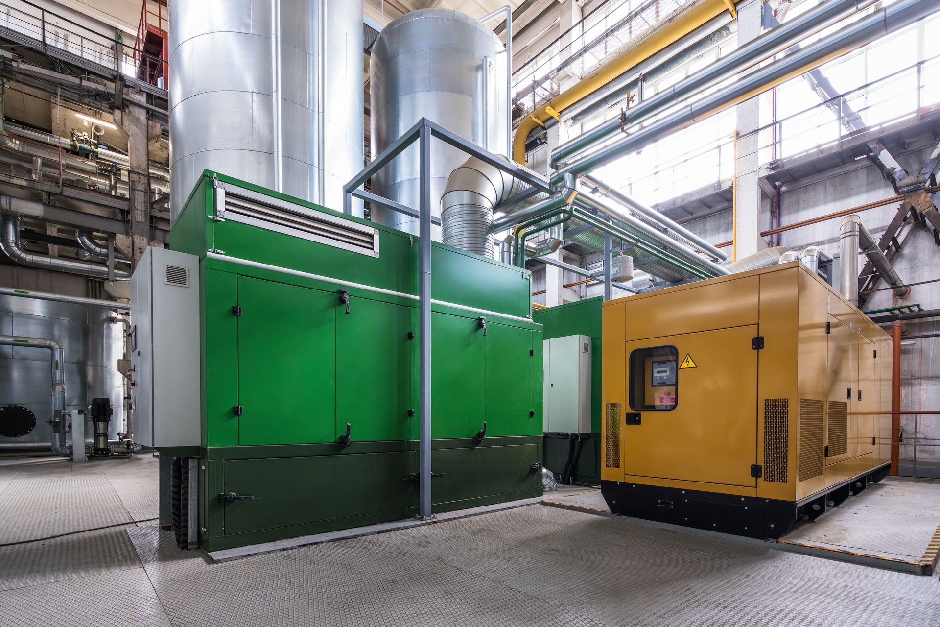 A large green machine is sitting next to a large yellow machine in a factory.