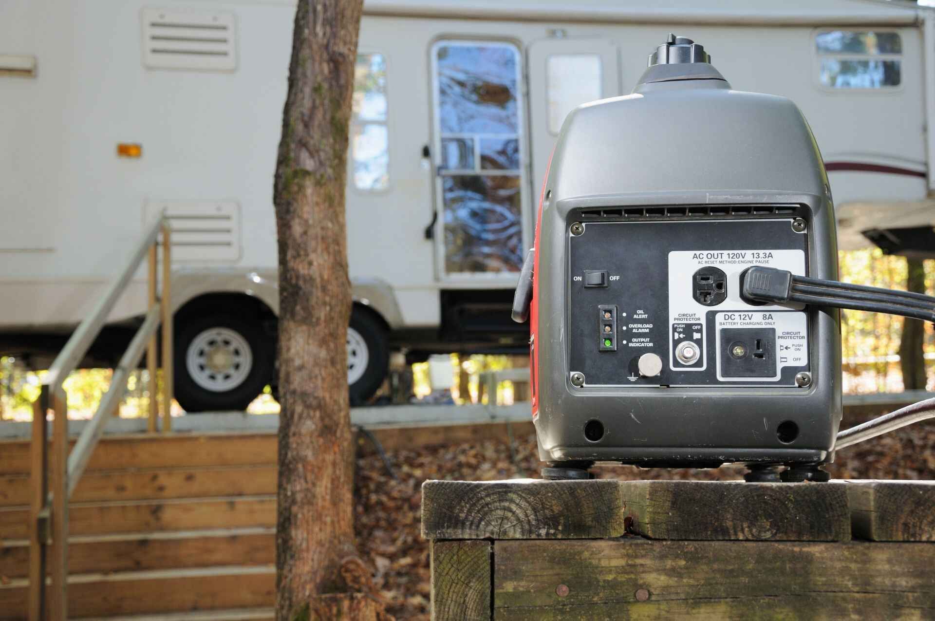A generator is sitting on a wooden ledge next to a rv.