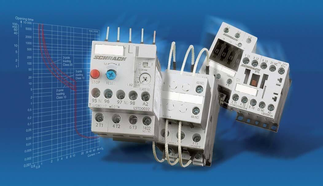 Electrical contactors with wires against a blue background, a graph in the background.