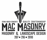 A black logo for Mac Masonry featuring a trowel icon, the company name, services, and a phone number: 207-216-2010.