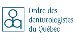 Logo de l'Ordre des denturologistes du Québec, comprenant une icône stylisée et le nom de l'organisation en caractères bleus.
