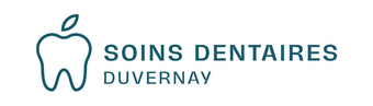 Logo pour Soins Dentaires Duvernay présentant un contour turquoise d'une icône combinant une pomme et une dent, à côté du nom de l'entreprise.