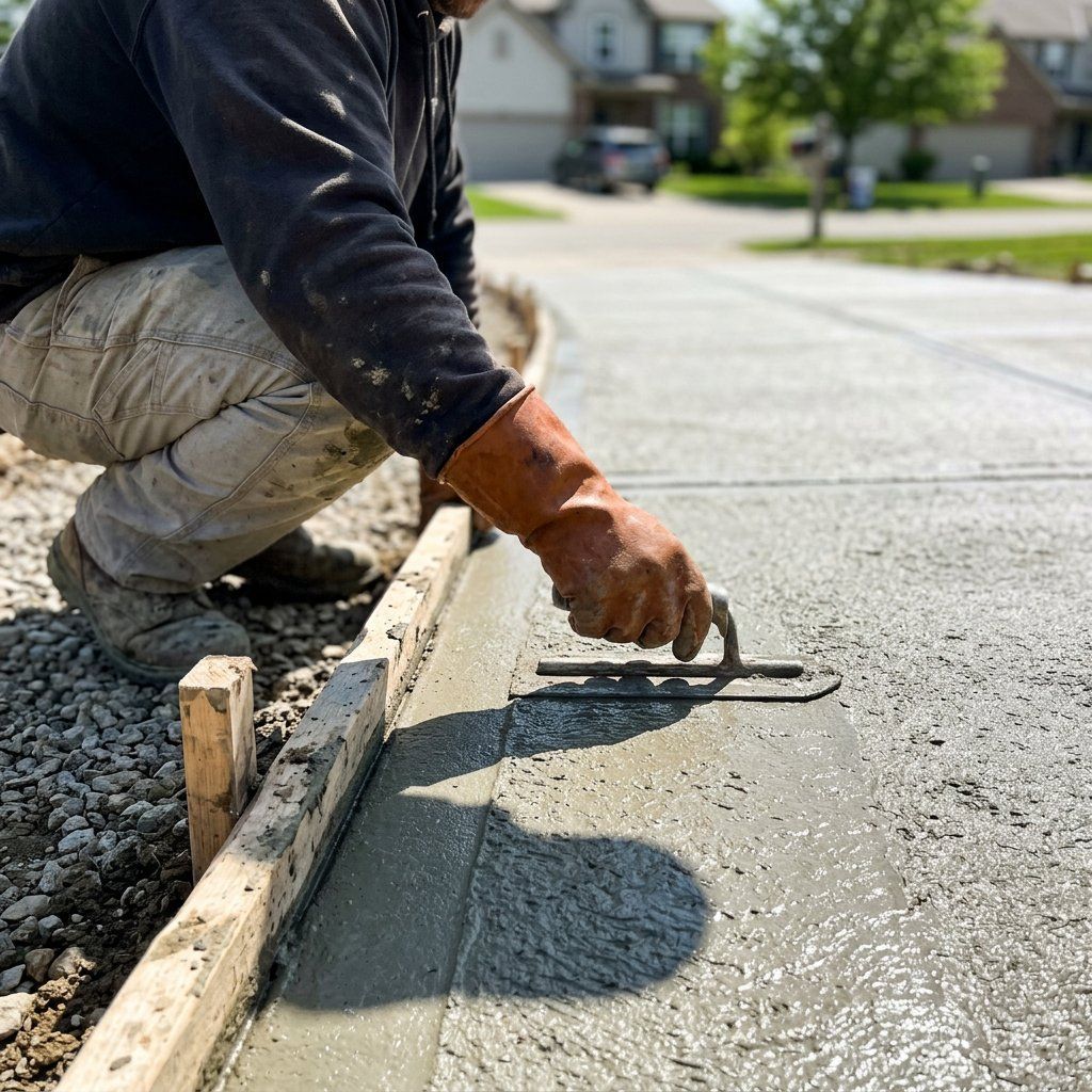 Concrete finisher edging the side of a new Babylon driveway