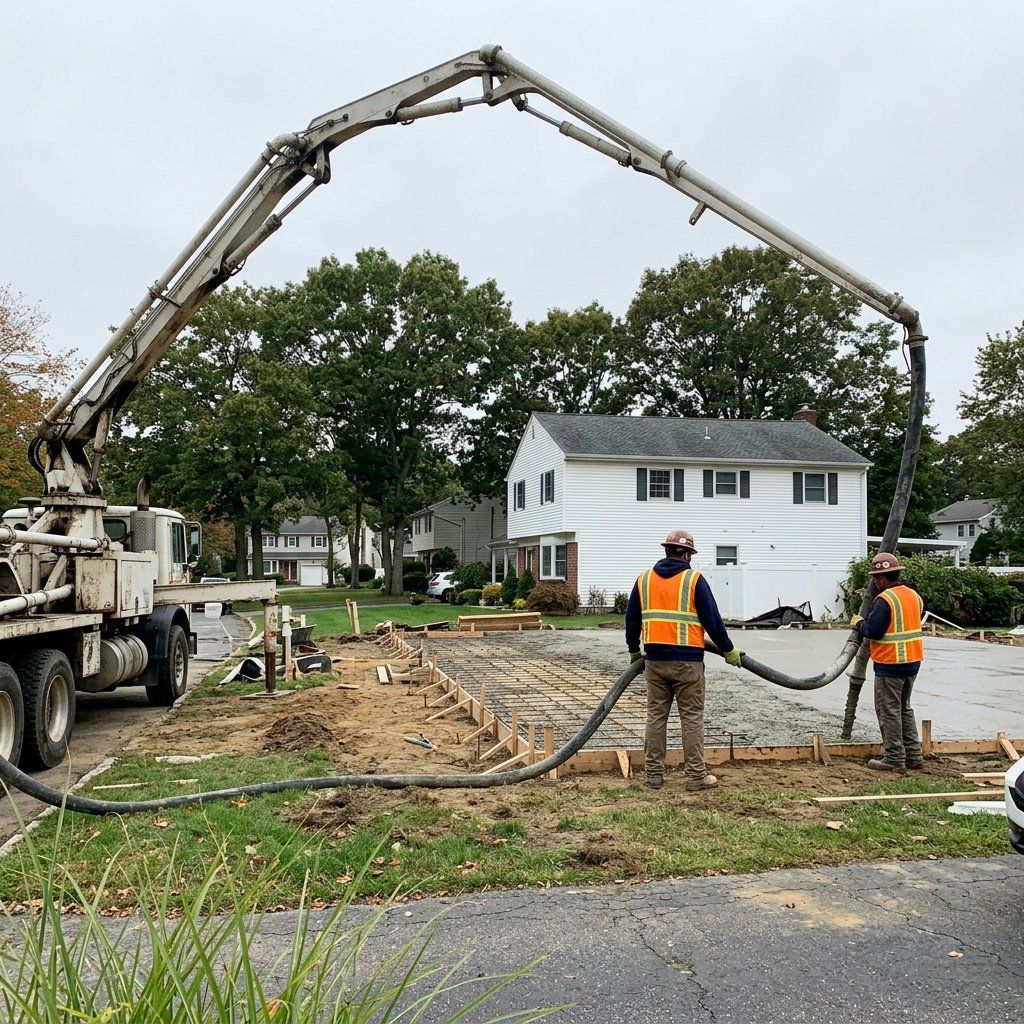 Concrete pump truck pouring a foundation on a North Babylon jobsite