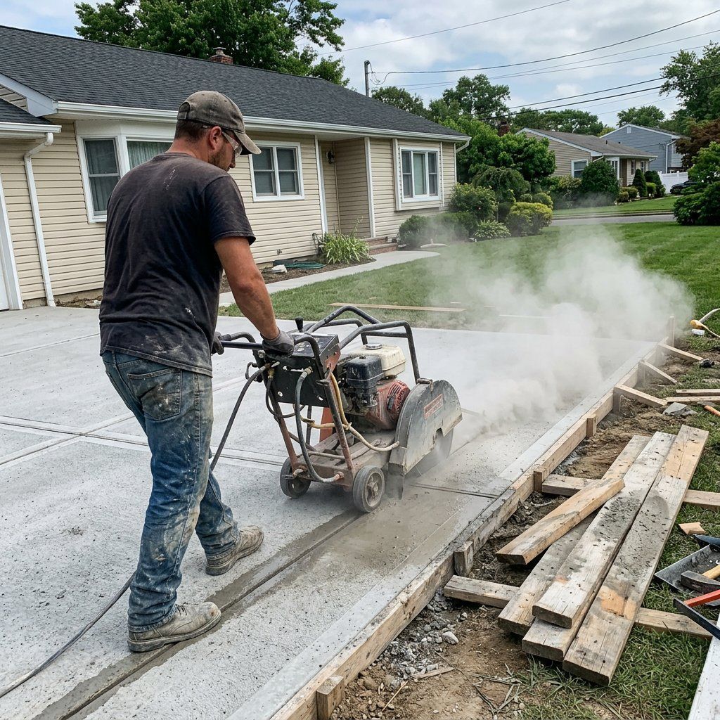 Cutting a control joint into fresh concrete in West Babylon