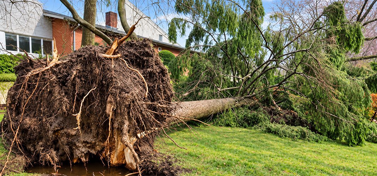 Uprooted tree lying on a lawn beside a house after storm damage
