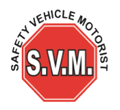 Red octagonal S.V.M. Safety Vehicle Motorist logo with curved black text above