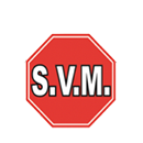 Red octagonal sign with white border and the letters “S.V.M.” in white and black.
