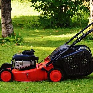 Un tosaerba rosso e nero è parcheggiato in cima a un rigoglioso prato verde.