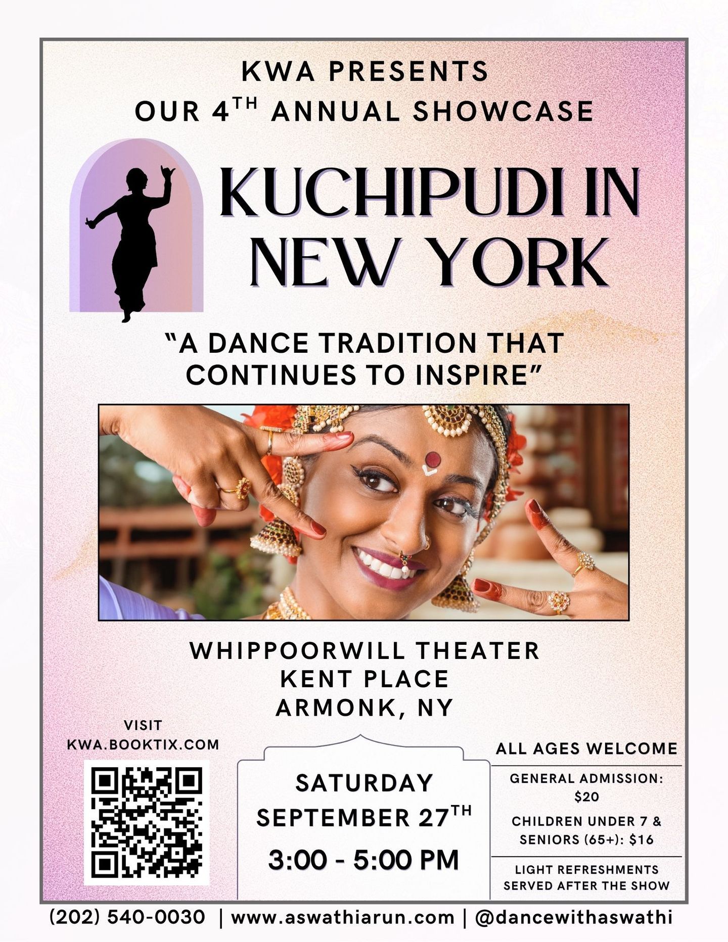 Kuchipudi in New York dance show poster with performer photo, Sep. 27 at Whippoorwill Theater, Armonk, NY