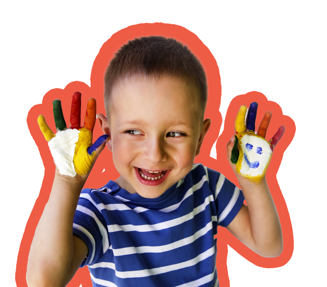 A smiling young boy with colorful paint on his hands, including a painted smiley face, in a blue striped shirt. A smiling young boy with colorful paint on his hands, including a painted smiley face, in a blue striped shirt.