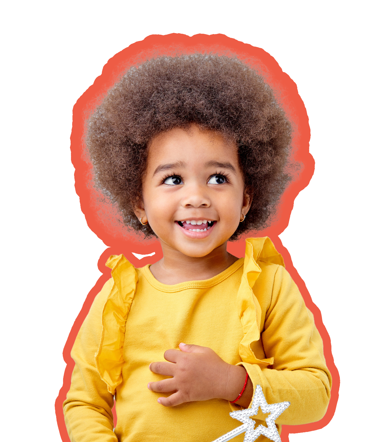 Smiling Black girl with an afro wearing a yellow shirt, holding a star wand, looking up.